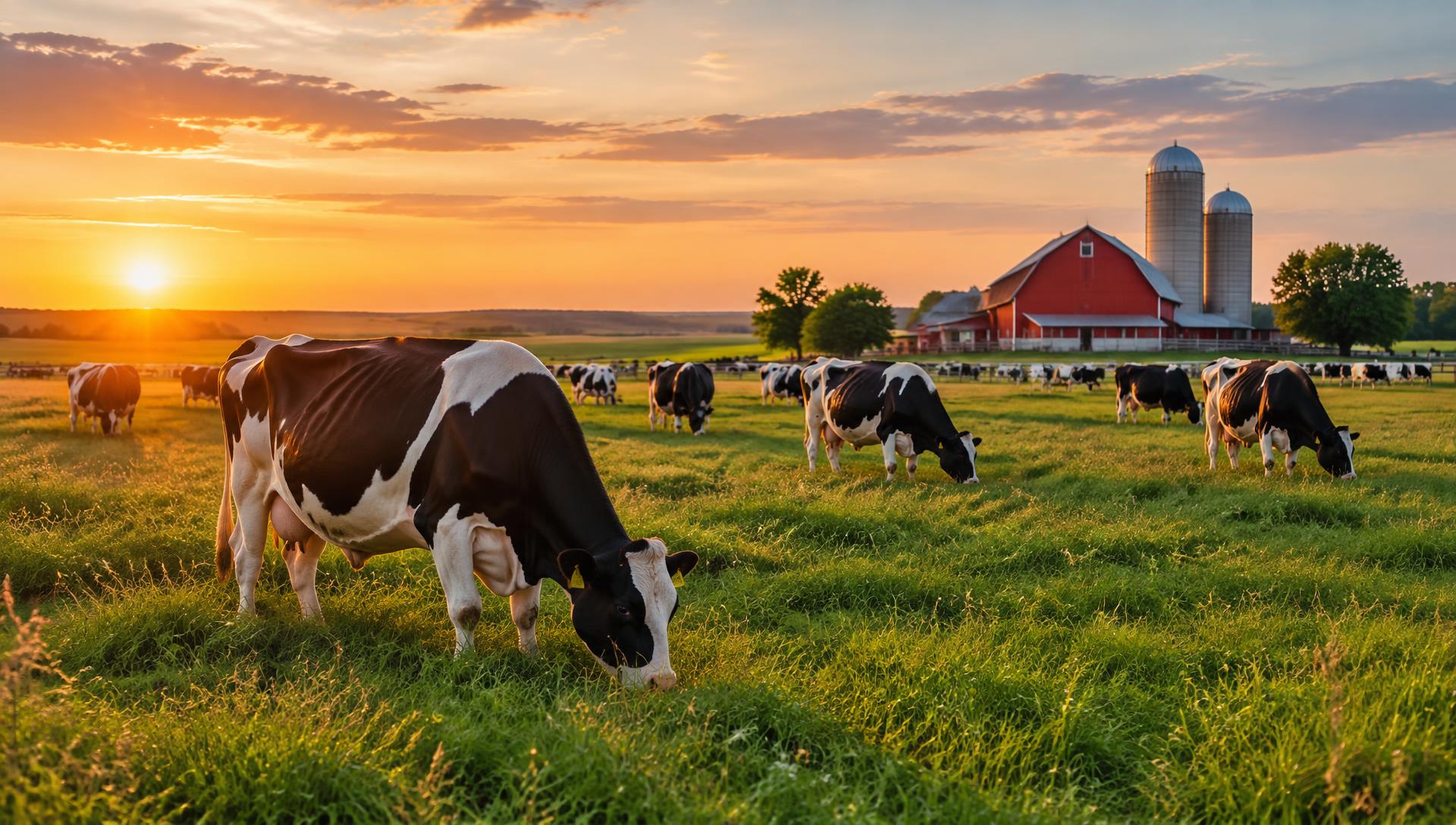 Holstein cows grazing near a red barn at sunset